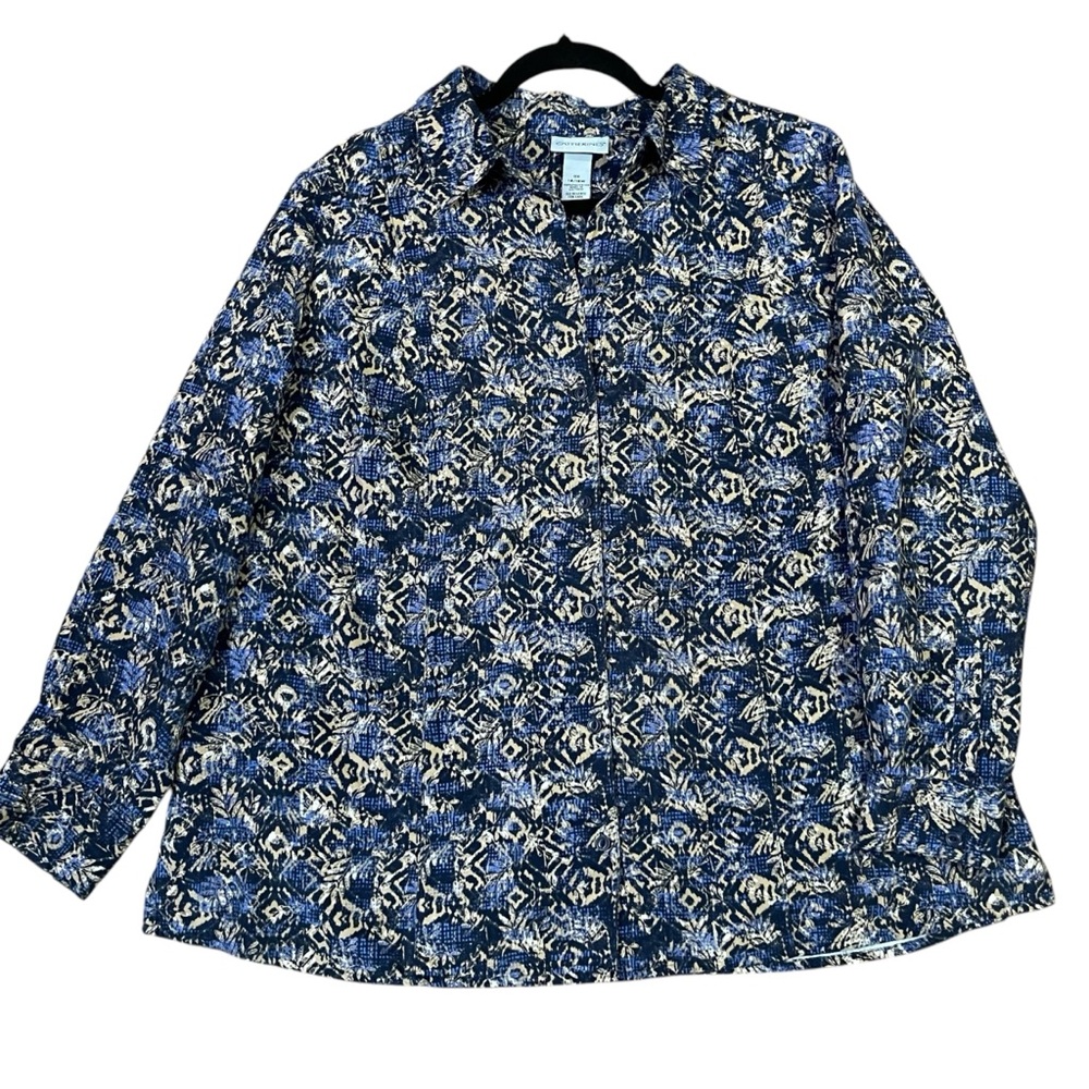 Catherines Blue Tan Abstract Leaf Print Button Down Blouse‎ 14/16W Boho Western* - Picture 4 of 7